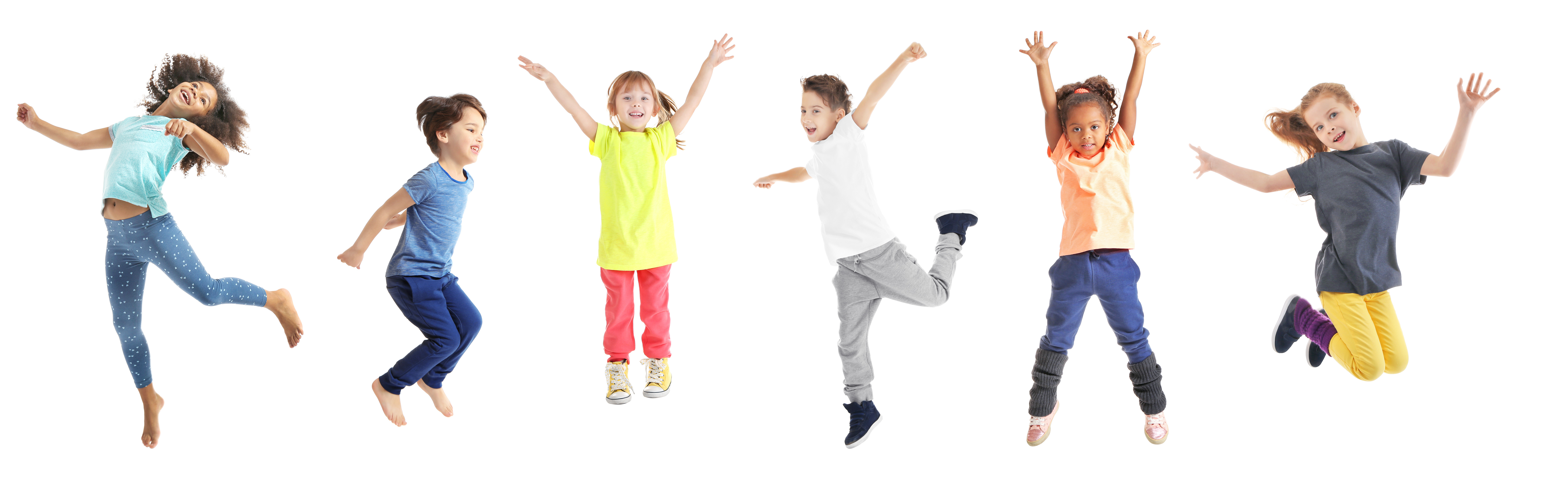 Collage of jumping schoolchildren on white background